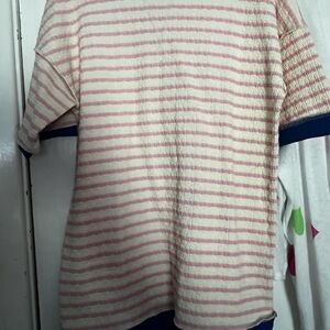 HEIMISH USA Pink and White Striped Top with Blue Collar